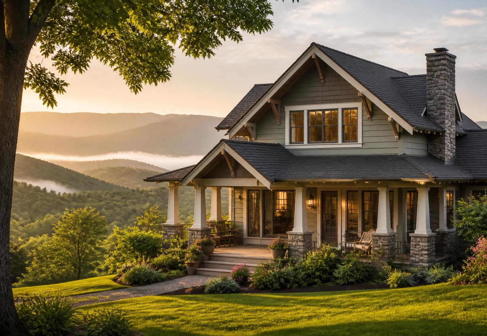Tennessee craftsman home at golden hour with Smoky Mountains in the background
